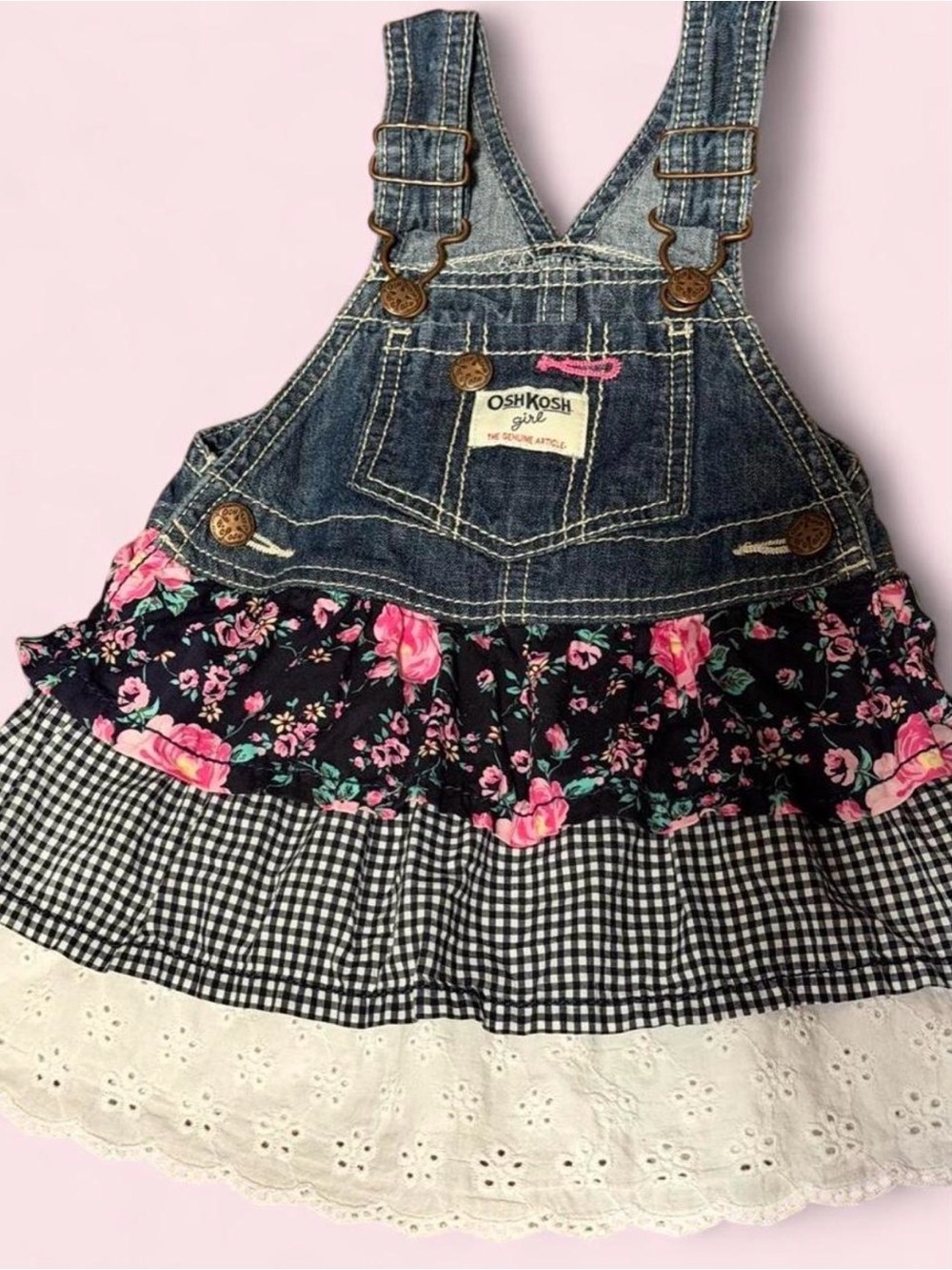 OshKosh B'gosh Denim Floral Gingham Ruffle Overall Tiered Dress 18M